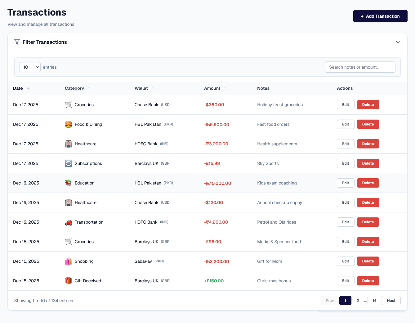 Transactions List